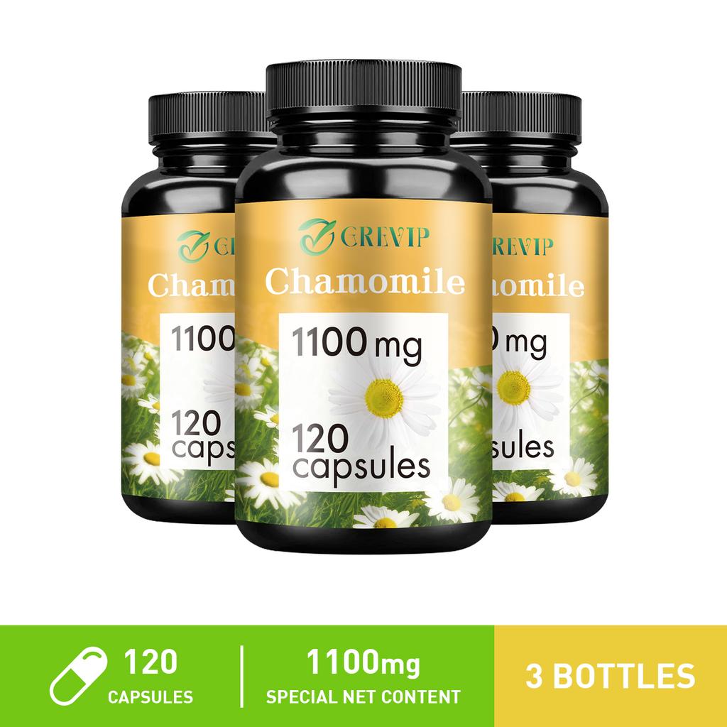 Chamomile extract capsules, natural supplement, 1100 mg per serving, suitable for both men and women.