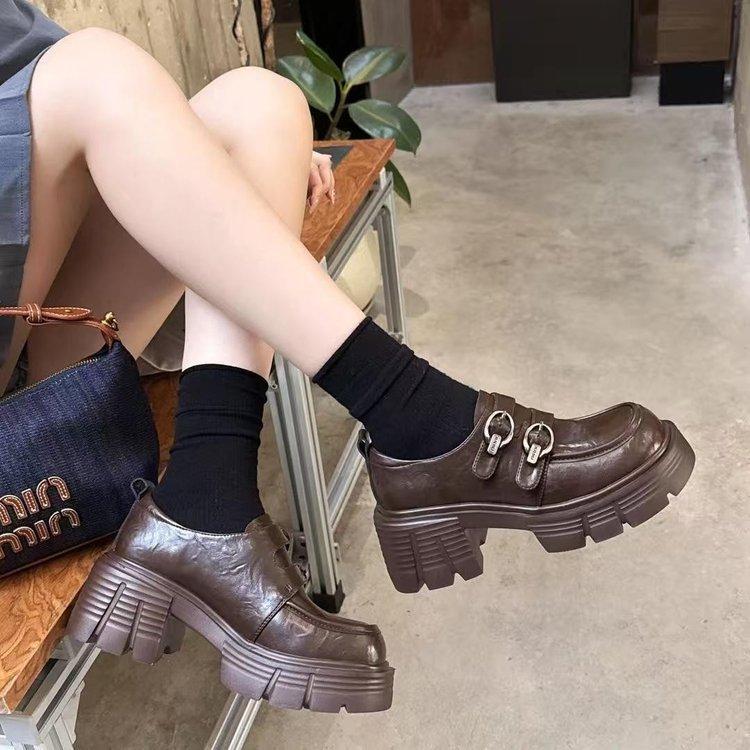 Thick-soled Height-increasing Small Women's Autumn New Shoes Women's Thick-heeled High-heeled Small Leather Shoes Single Shoes