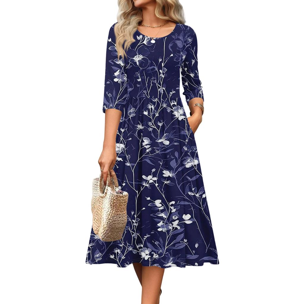 3/4 Sleeve Women's Dress Casual Flowy A-Line Midi Tshirt Dresses With Pockets Crewneck Vocation Boho Beach Sundress