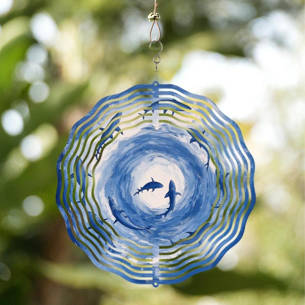 1pc Metal Ocean-Themed Wind Chime with 360° Rotating Shark & Wave Design, Artistic Garden Decor for Patio, Balcony