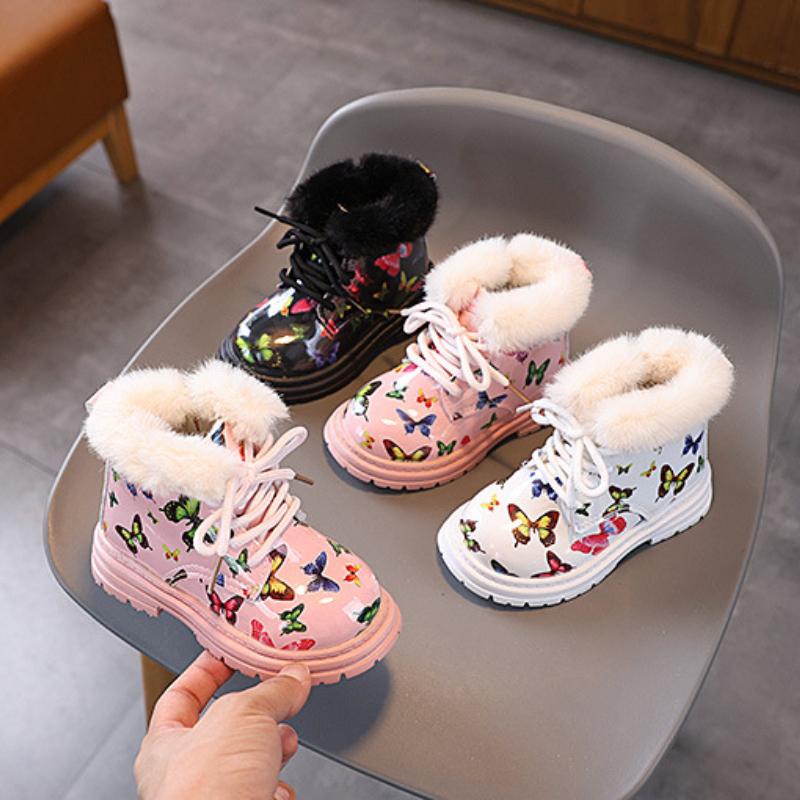 Girl Winter Boots Fashion Butterfly Printed Children Thick Bottom Cotton Boots Trend Versatile Leather Kids Causal Ankle Boots