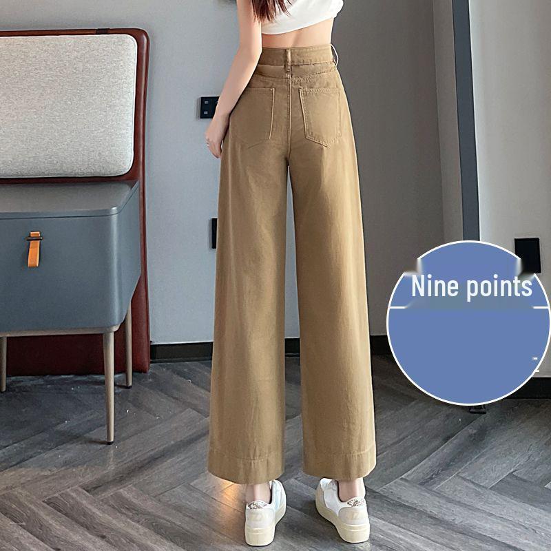 Khaki High-Waisted Cropped Wide-Leg Jeans for Women - Summer 2026 Thin Style, Petite Fit, Leg-Covering Straight Pants.