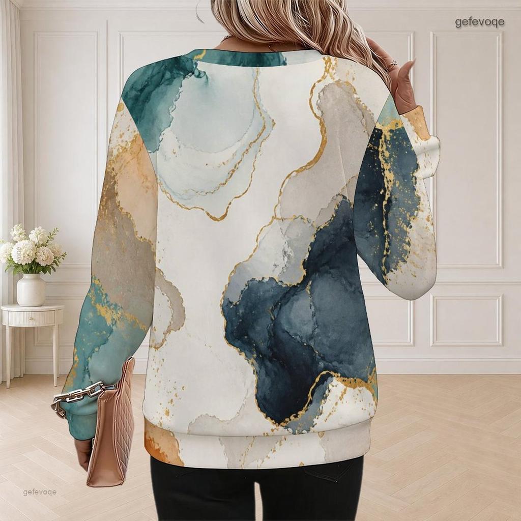 Women Plus Size Round Neck Long Sleeve Abstract Printed Casual Pullover Sweatshirt
