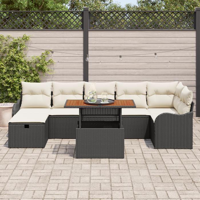 Ensemble de Canapé de Jardin 8 Pièces avec Coussins Noir en Poly Rotin, Canapé de Jardin 2 Places avec Rangement et Coussins 3361278