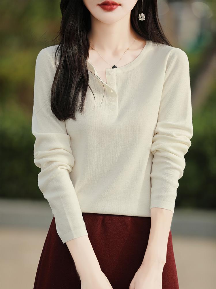 Women's Elegant Fine Wool Half-Button Round Neck Knit Sweater - Versatile, Close-Fitting Base Layer