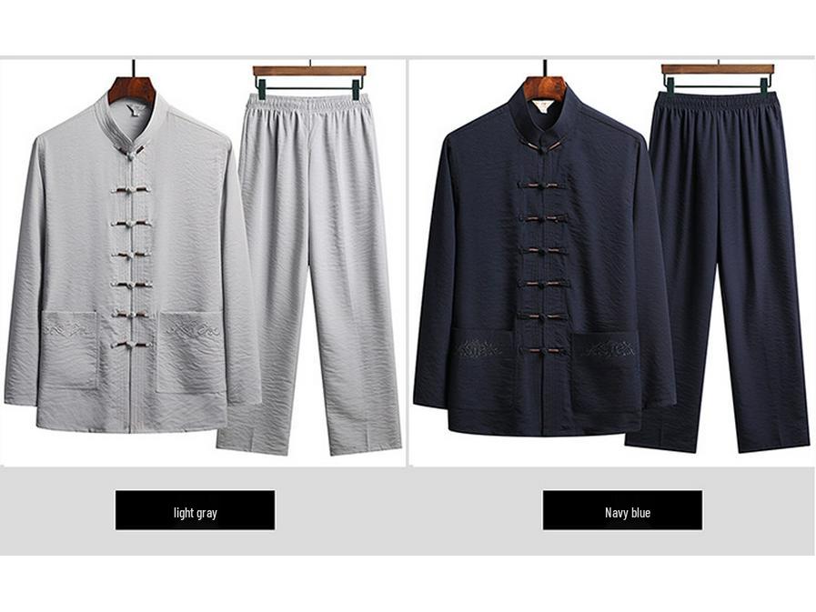 Men's Chinese Style Tang Suit Set – Long Sleeve for Elderly (Spring/Fall) & Short Sleeve for Middle-Aged Dads (Summer).