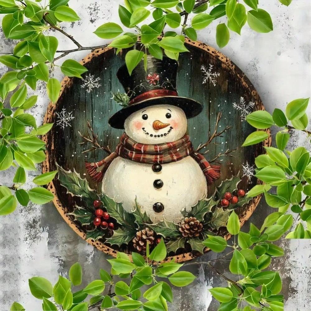 Vintage Metal Tin Sign 8x8 Inch Snowman Wreath Wall Art Rustic Home Decor