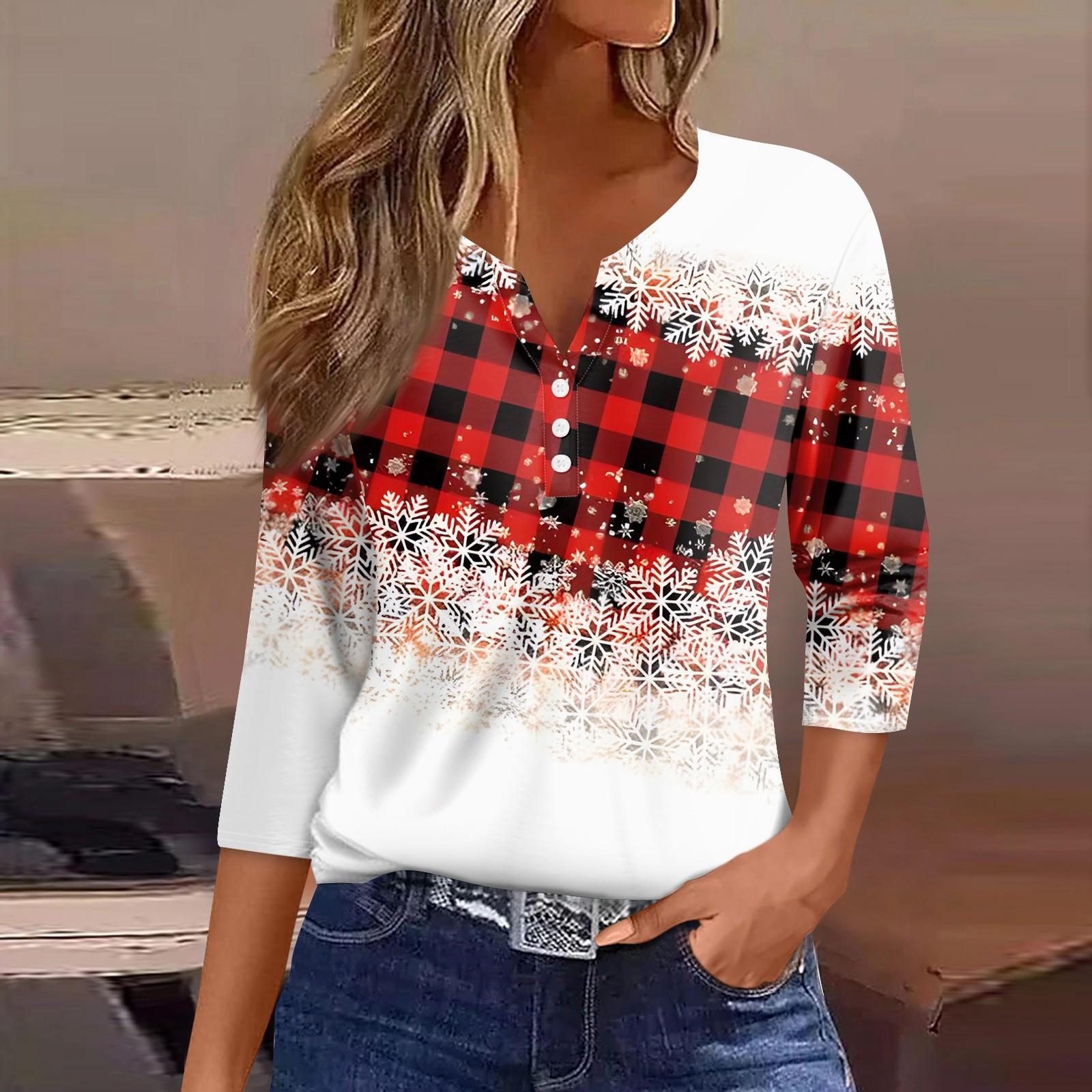 

Женская футболка с рождественским принтом, на пуговицах, рукав 3/4, повседневная мода на выходные, базовый топ с V-образным вырезом S