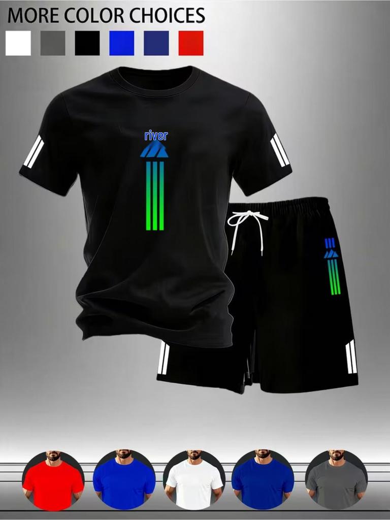 Men's Quick-Dry Mesh Sports Suit: Vertical Stripe Short Sleeve T-Shirt & Shorts Two-Piece