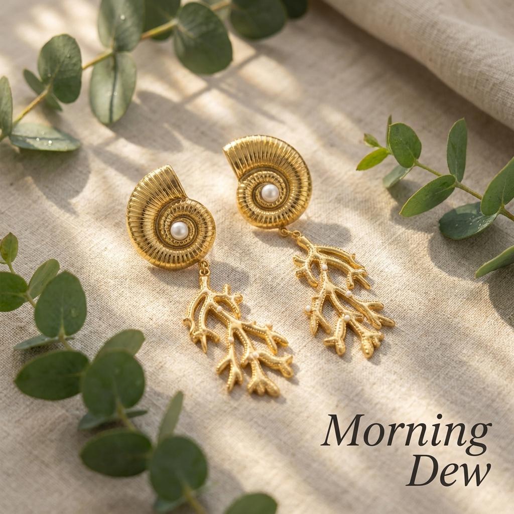 Vintage Gold Plated Metal Texture Shell Drop Earrings for Women Boho Elegant Imitation Pearl Conch Coral Earring Party Jewelry