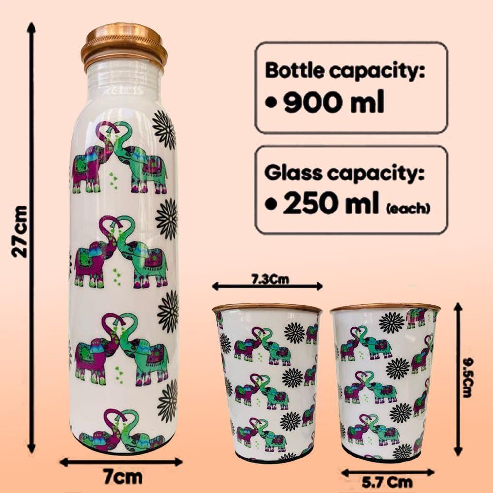 Elephants In Love Artistic Copper Water Bottle Set | Handcrafted Tamba Bottle with 2 Glasses | Premium Copper Water Bottle