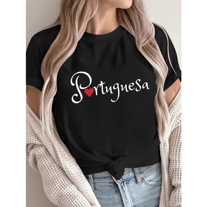 

Portuguese Letter Pattern Design Print Casual Fashion Round Neck Short Sleeve T-shirt Women s Pullover S чёрный