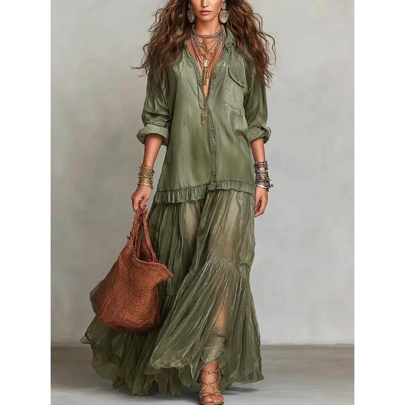 Vintage Turn Down Collar Imitation Denim Casual Long Dress For Women
