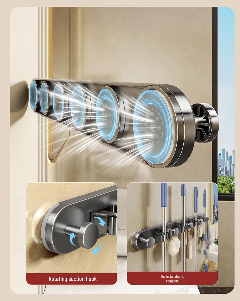 Držák na mop a koště se sacími přísavkami bez vrtání pro koupelnové úložné prostory