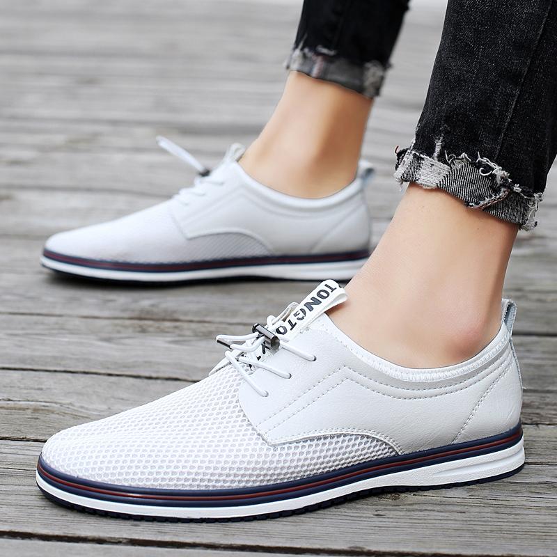 2024 New Summer Men's Mesh and Two-layer Cowhide Casual Shoes Men Slip-On Flat Sapatos Hollow Out Comfortable Man Casual Shoes