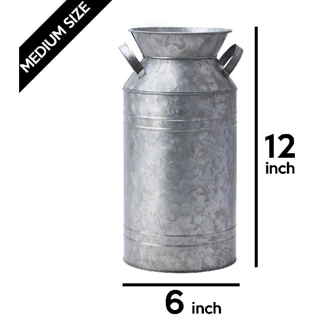 12" Inch, Galvanized Metal Farmhouse Centerpieces Milk Can Jug for Kitchen Cabinets Bedroom Decoration, Rustic Table Tin Vase, Vintage Country Flower