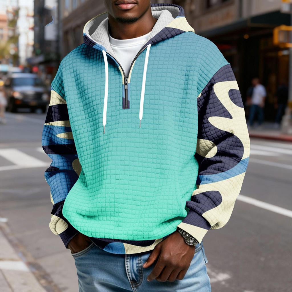 Sudadera Deportiva Casual para Hombre con Capucha y Media Cremallera a Cuadros con Cordón y Estampado