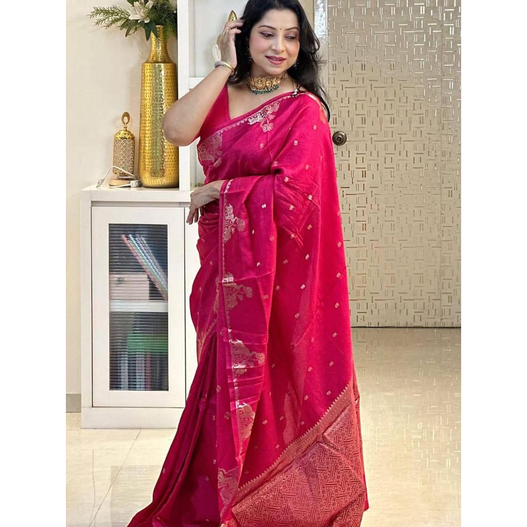 New Launch – Elegant Soft Banarasi Silk Saree with Pure Golden Zari Weaving & Royal Heavy Brocade Blouse