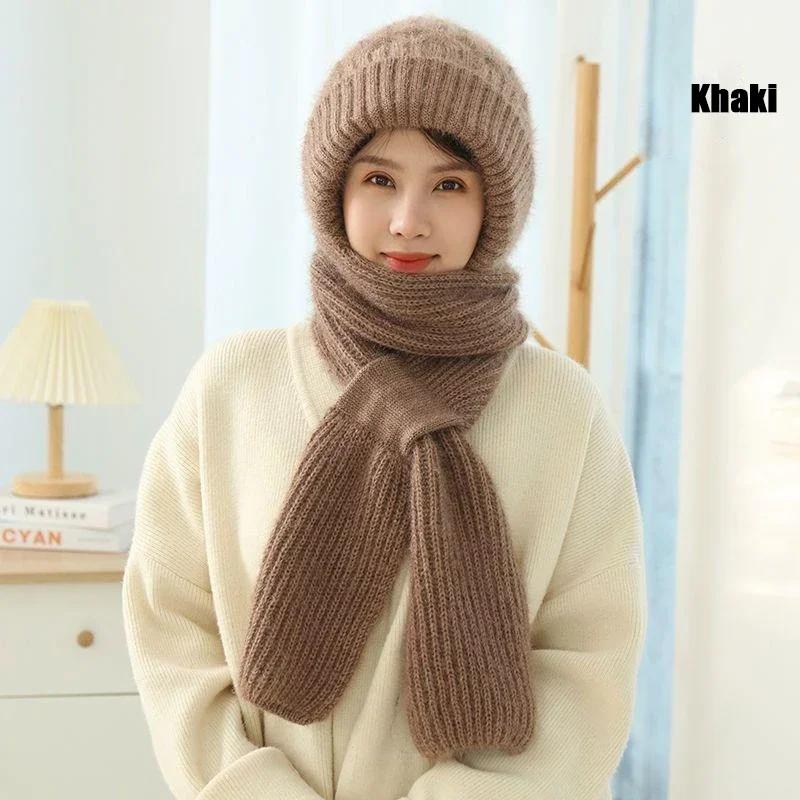 Winter Womens Knitted Hat Double Warm Padded Thickened Hat Scarf One Wool Knitting Net Red Pop Wind and Snow Beanies Hats