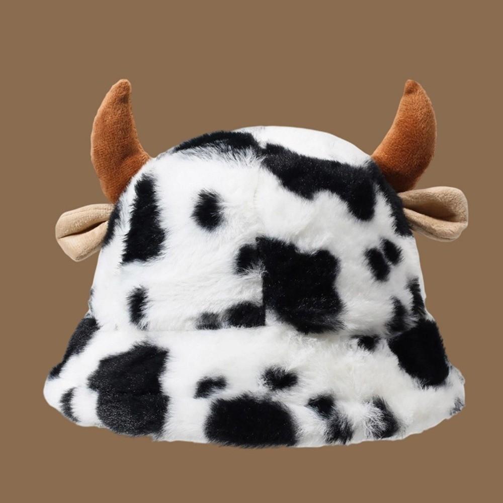 Thicken Plush Fisherman Hat Faux Fur Winter Plush Hat Casual Cow Horn Bucket Hat Girl