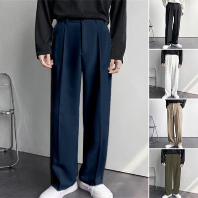 Męskie spodnie garniturowe z wysokim stanem, zapinane na guzik i zamek błyskawiczny, proste z szerokimi nogawkami, długie, z kieszeniami, w jednolitym kolorze, casualowe spodnie do noszenia na co dzień