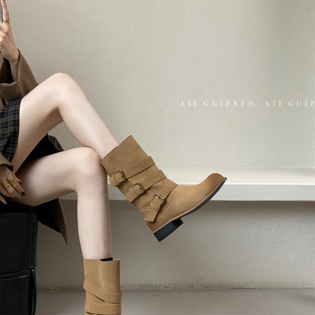 Coarse heel retro suede with skirt short boots Martin boots women's shoes 2025 spring and autumn single boots slim medium tube knight boots