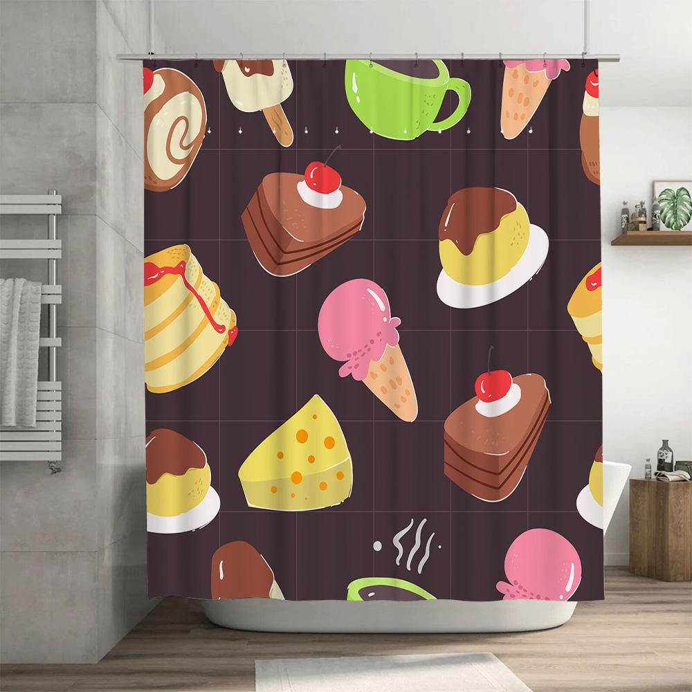 Vintage Style Ice Cream Pattern Shower Curtain For Bathroom Decoration Waterproof Fabric With Hook Rings