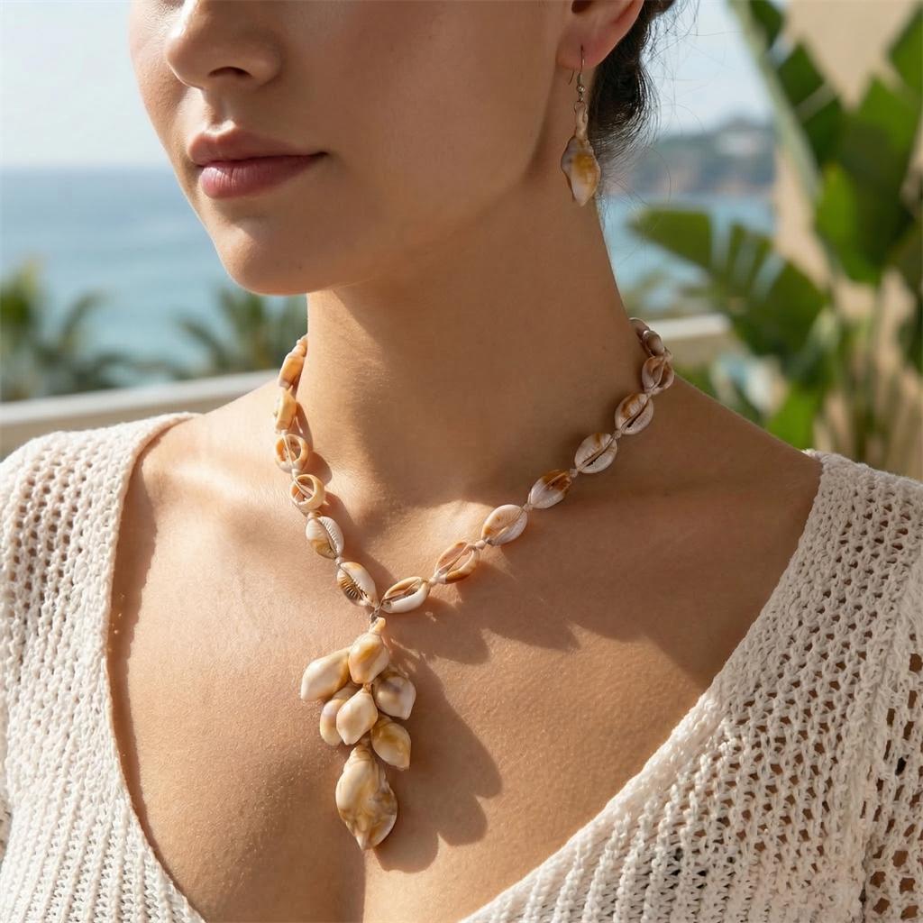 Bohemian Shell Conch Acrylic Tassel Necklace Earrings Set for Women Dainty Starfish Shell Vacation Beach Fashion Jewelry Gift