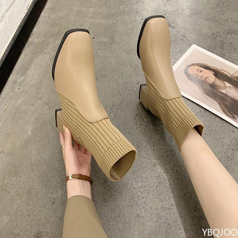 New autumn winter styles with thick medium heels square toe short boots for women knitted  boots simple comfortable single boots