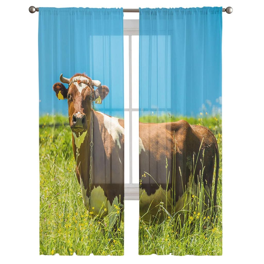 Country Animal Cows Tulle Curtain Home Office Window Decor Bedroom Kitchen Balcony Modern Sheer Curtain