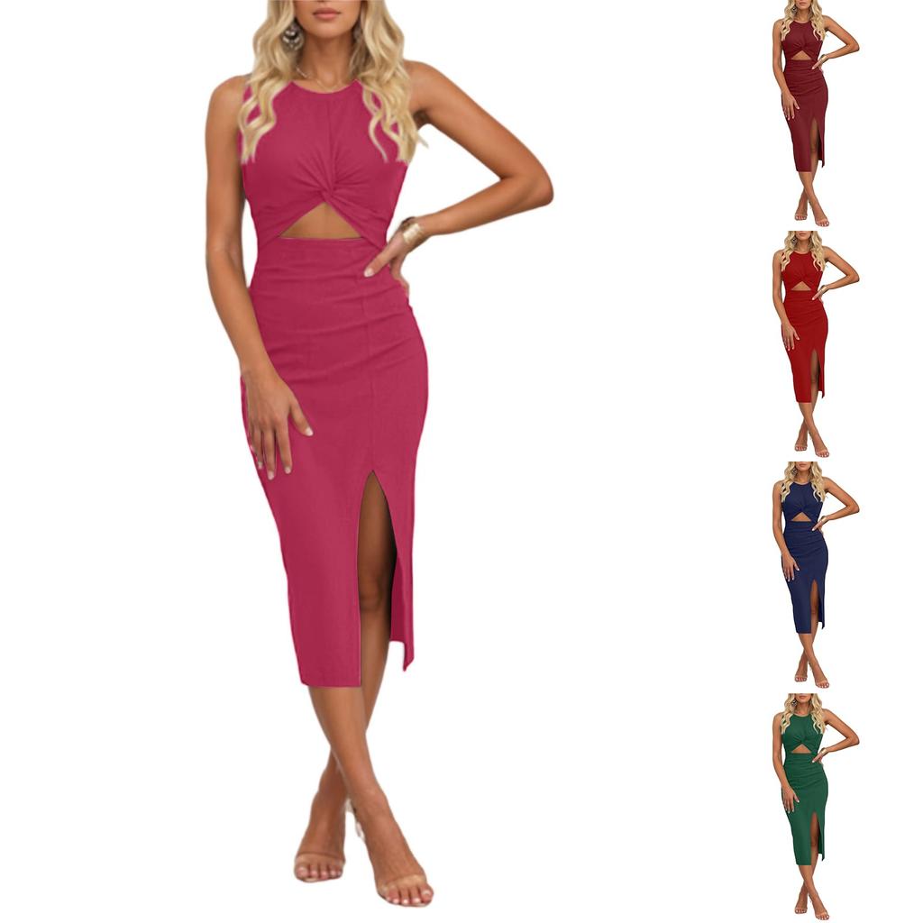 Women's Fashion Casual Summer Sexy Color Round Neck Sleeveless Navel Slit Dress