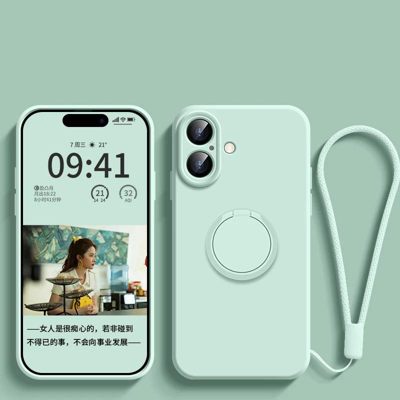 Luxury Original Liquid Silicone Ring Holder Case For iPhone17 16 15 14 Plus 13 12 Mini 11 Pro X XR XS Max With Strap Soft Cover