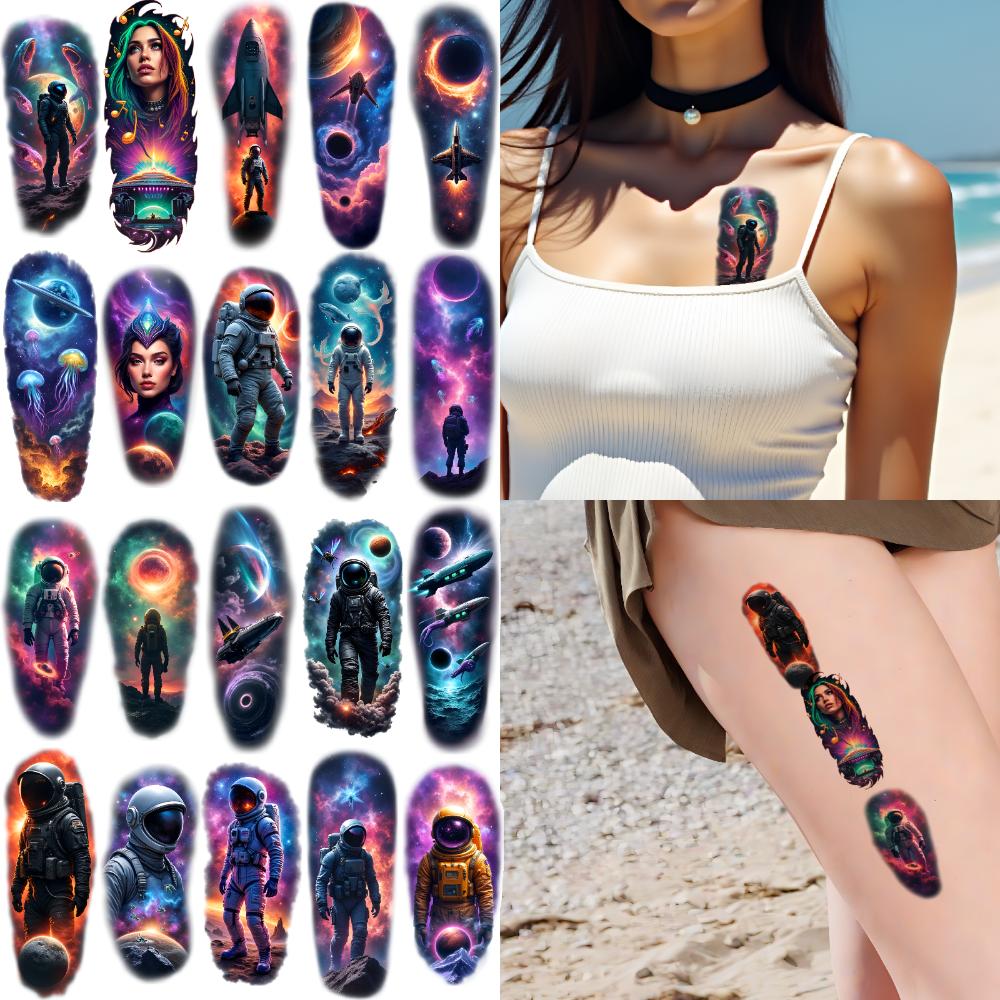 9pcs Temporary Tattoo Spaceship Colorful Realism Black Hole Planet Waterproof Long-lasting Body Stickers Alien For Men Arms