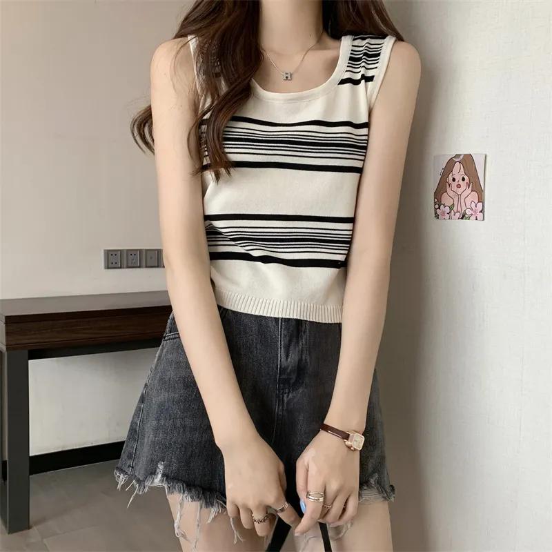 WTEMPO Girl's Retro Large Size Striped Casual Versatile Camisole Vests Women's Spring Summer Sleeveless Knitted Bottoming Tank Tops
