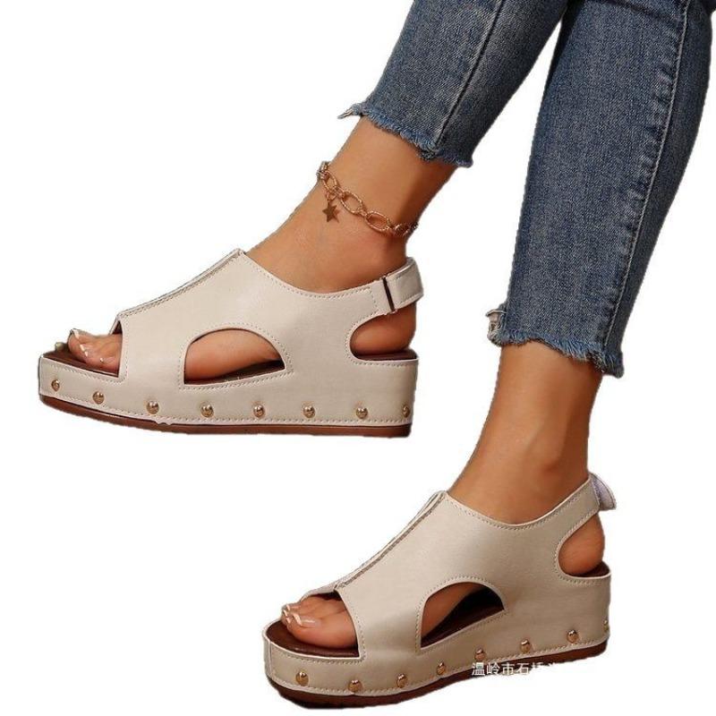 New Women's Shoes Muffin Thick-soled Wedge Sandals Women's Velcro Rivets Flat-bottomed Fish Mouth Sandals