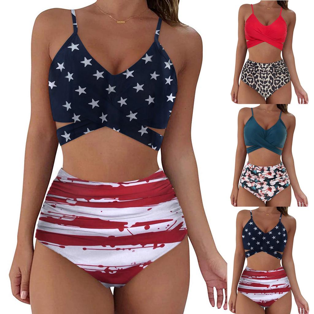Women Sexy Soild Print Bikini Set Push Up Bathing Swimwear High waist Swimsuit