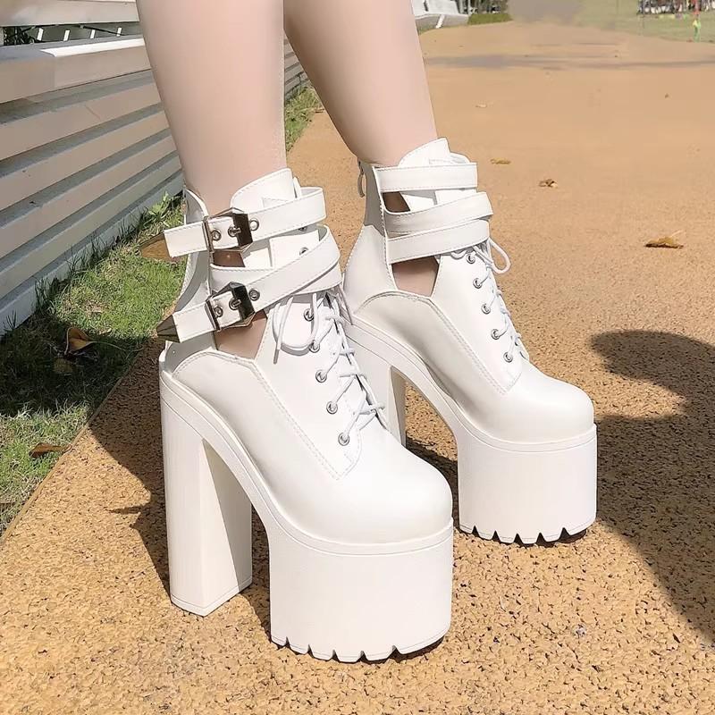 Fashion 15CM Winter Fashion Platform Lace-up Buckle Zipper White and Black Women's High Heel Ankle Boots Party Dancing Shoes
