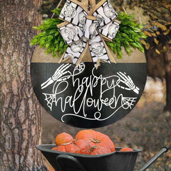 Halloween Skeleton Welcome Door Sign Artificial Leaves Bowknot Decor Indoor Outdoor Halloween Sign Family Gathering Decoration