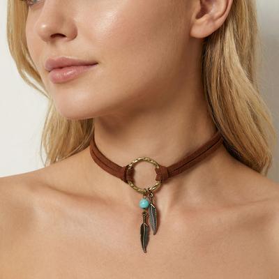 European and American Retro Jewelry, Geometric Circle Korean Velvet Necklace, Leaf Turquoise Choker Double Necklace