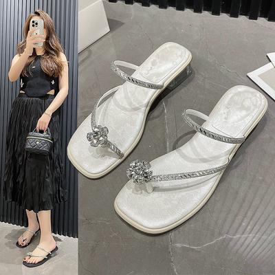 Französische Pantoletten mit dickem Absatz für Damen zum Tragen 2025 Sommer neue Mode Strass coole Pantoletten vielseitige Zehen Römersandalen