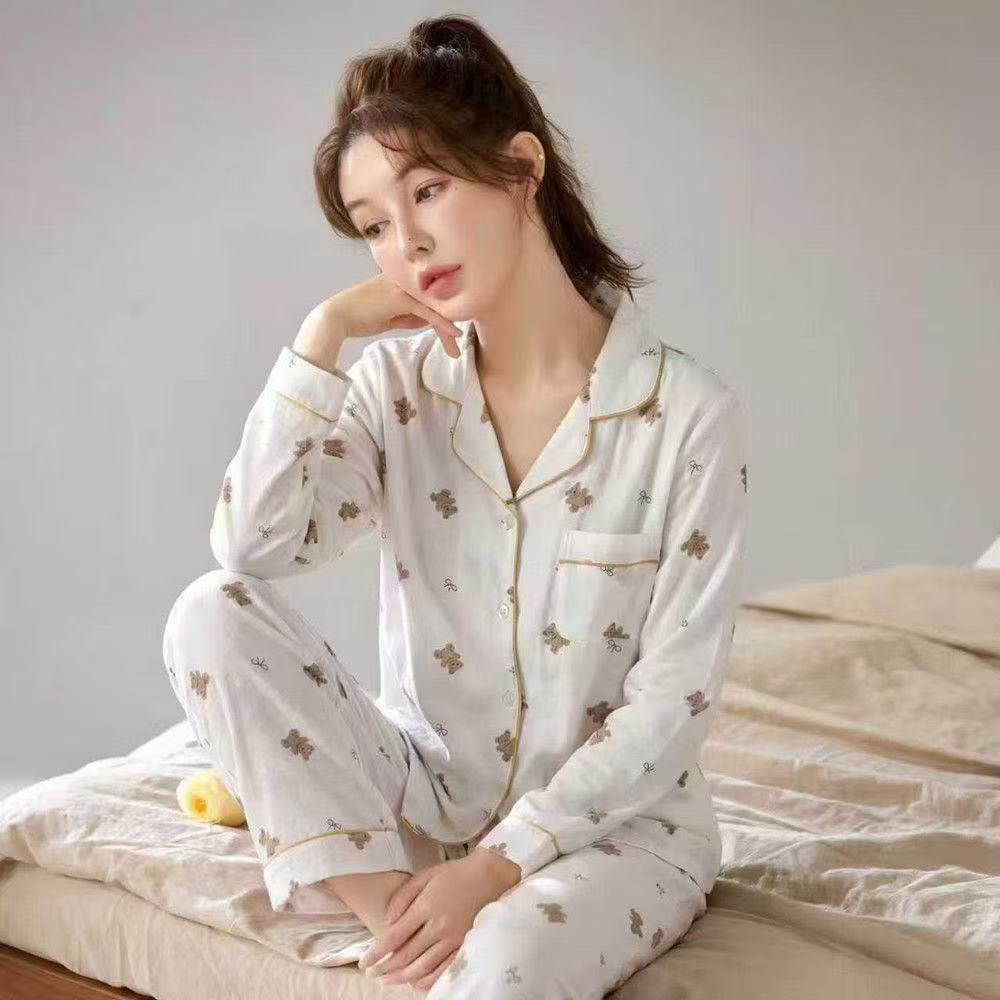 Spring and Autumn pure cotton pajamas women's long-sleeved trousers, strawberry printed cardigan loungewear set