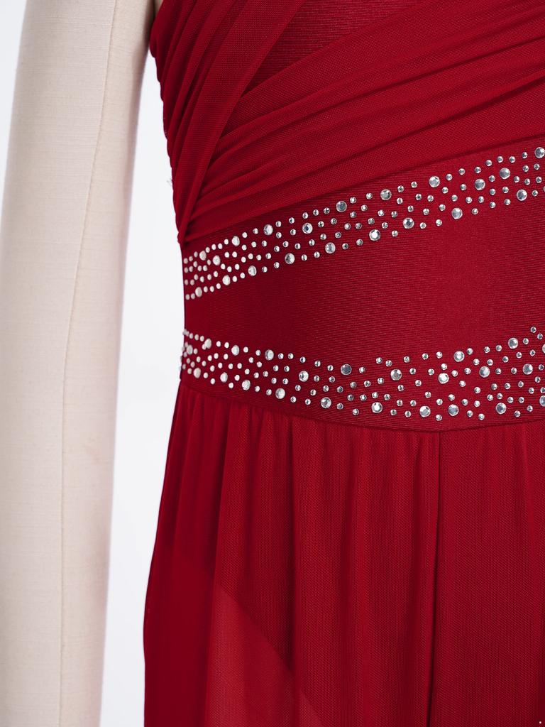 Girls Contemporary Dance Bodysuit Rhinestone Embellished Ruched Bodice Mesh Wide Leg Sleeveless Jumpsuit with Back Hidden Zipper for Recital Show