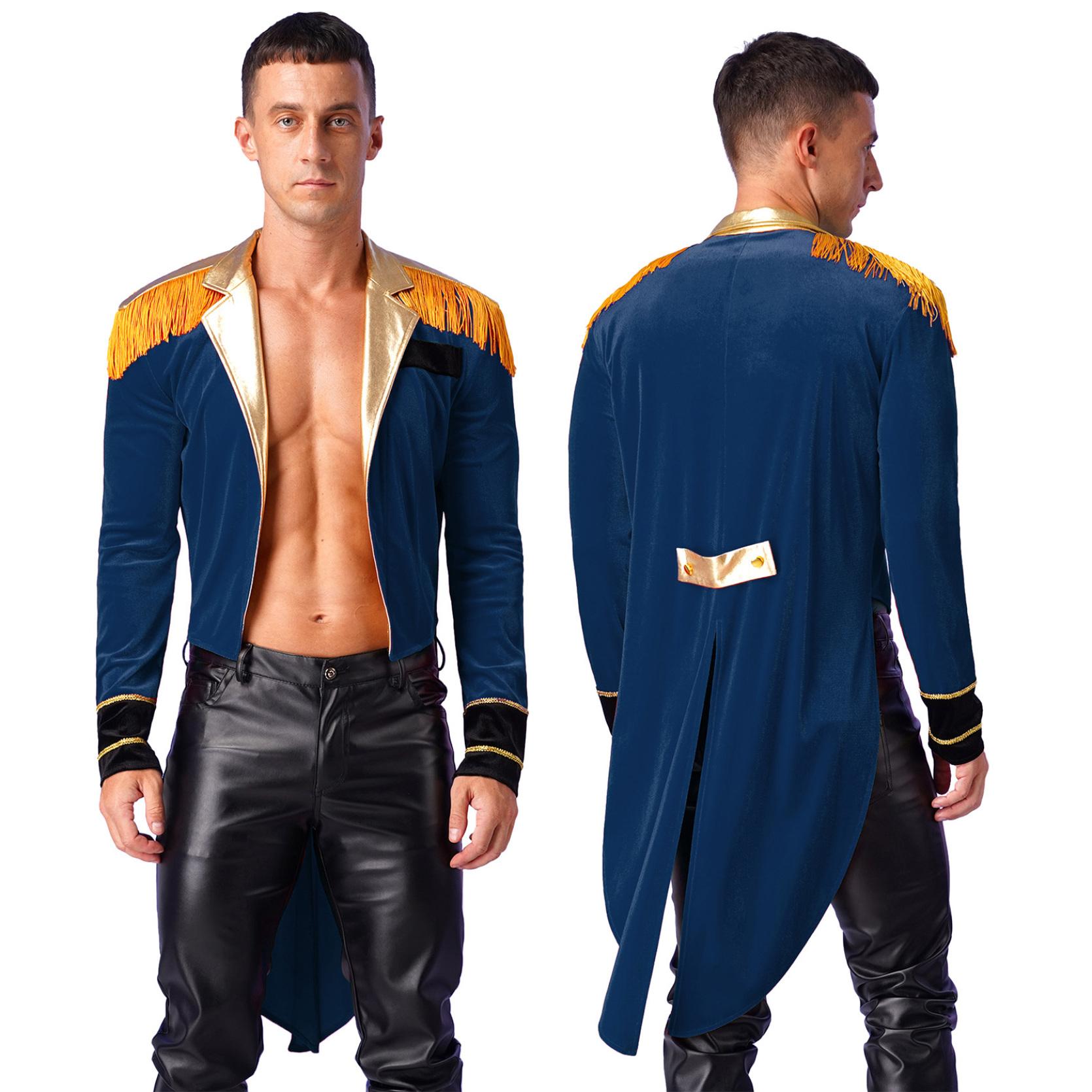 Costume da circo di Halloween da uomo, maestro di circo, domatore di leoni, showman, frac, giacca, vestito operato da cosplay S colore blu scuro