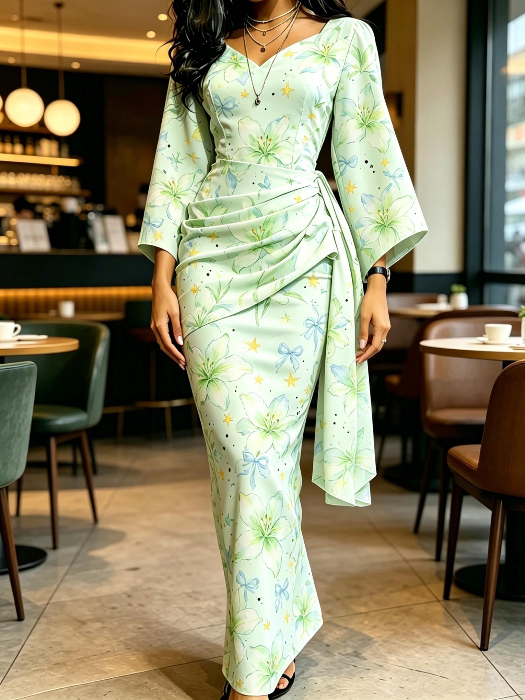 Women s Light Green Lily and Bow Print V Neck Wrap Maxi Dress Ruched Waist Kimono Sleeve Casual Dress XS