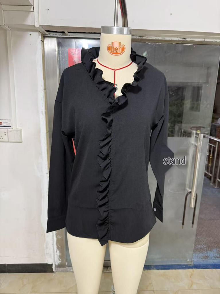 European Spring 2026 Women's Ruffle Trim Long-Sleeve Cotton Shirt