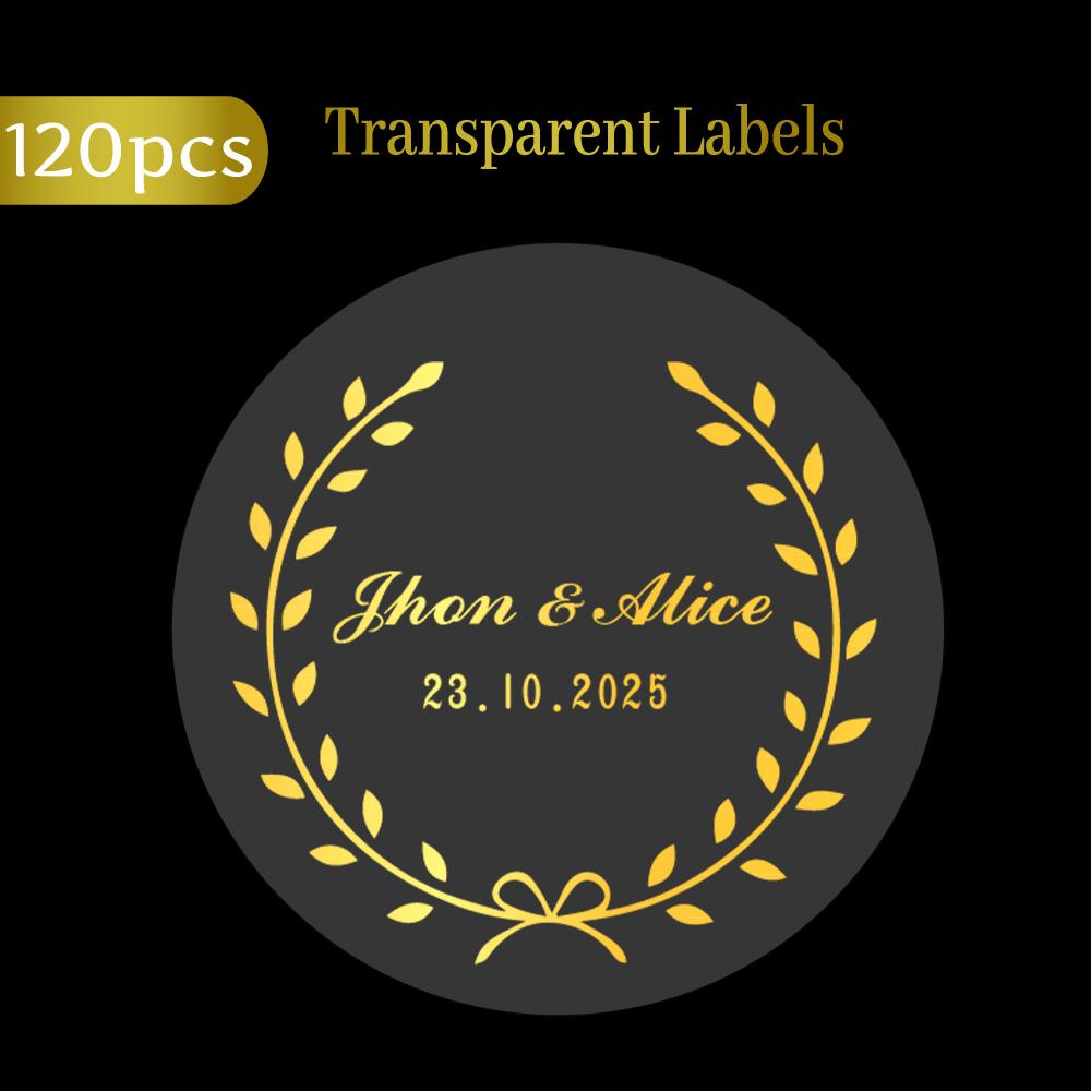 48-240pcs Custom Name Time Transparent Gold Waterproof Stickers Bridal Shower Favor Labels Clear Envelope Seals Wedding Stickers 120pcs