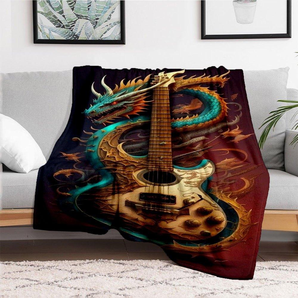 Dragon Guitar Art Print - Fantasy Music DecorBlanket Flannel Throw Blanket for Sofa, Bed, Travel, Camping, Office