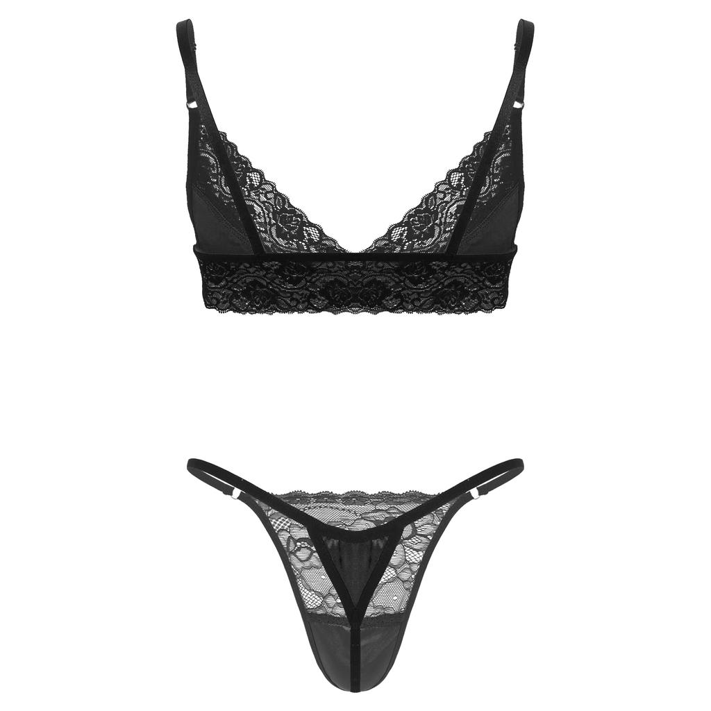 Mens Adjustable Floral Lace Bra Top with Matching Thong Briefs Sissy Lingerie Set