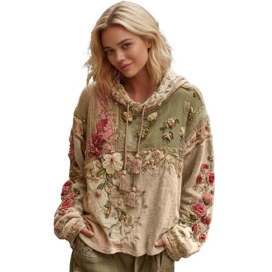 Women's Floral Print Patchwork Hoodie Oversized Vintage Pullover Sweatshirt Fall Casual Long Sleeve Hooded Outfit