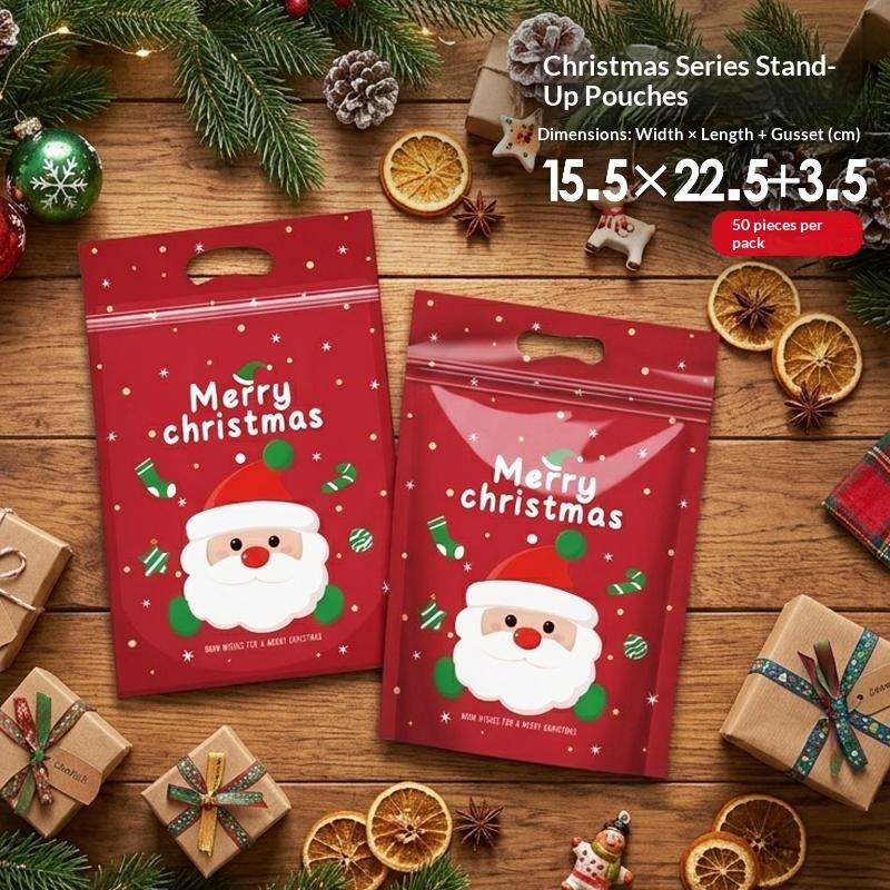 50Pcs Resealable Christmas Resealable Bags Christmas Plastic Sealing Bags With Handles For Xmas Holiday Party Candy